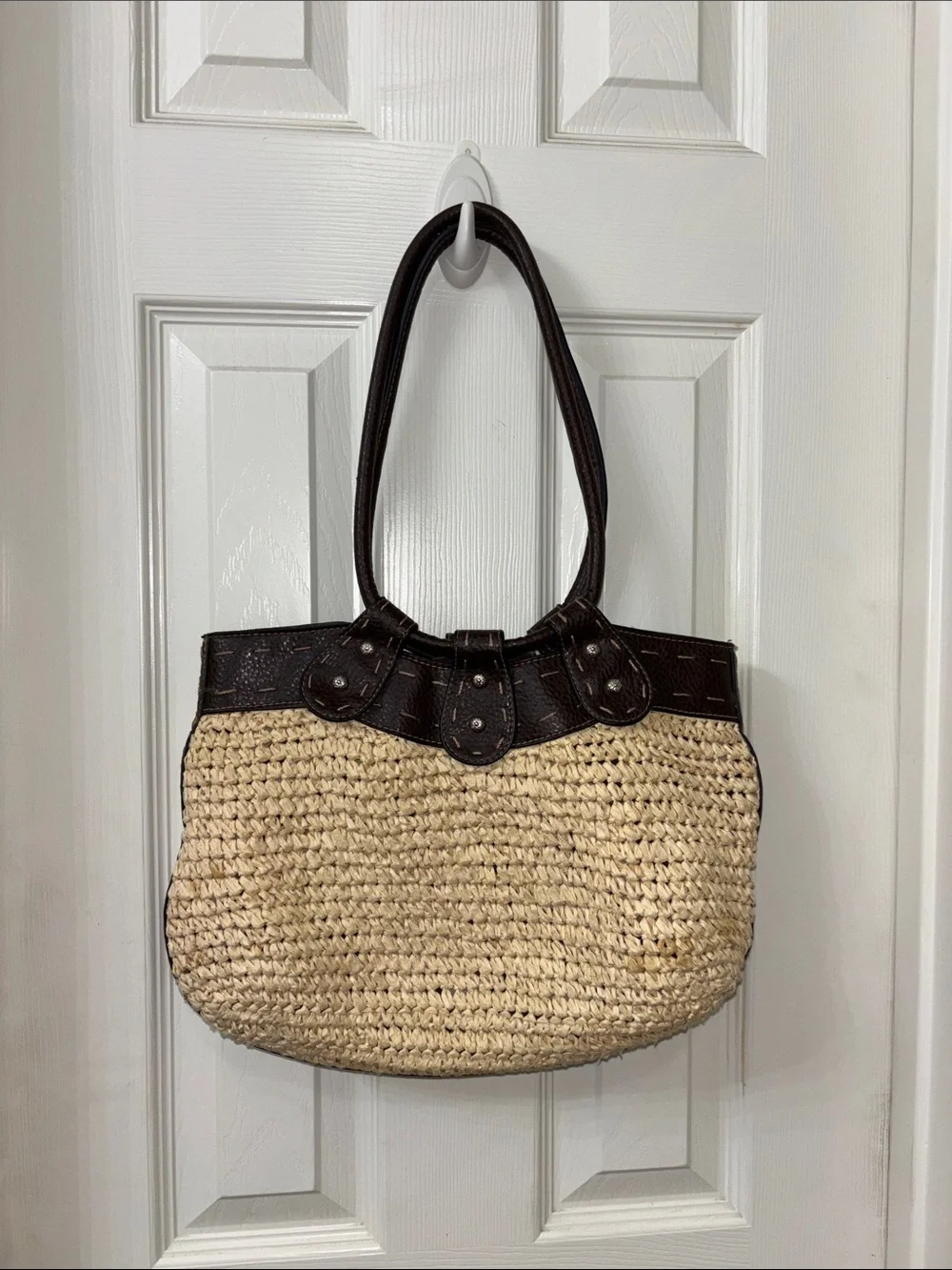 Woven Straw Tote with Dark Brown Trim